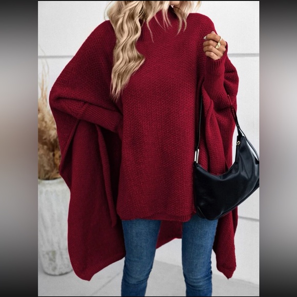 Cozy Mock Neck Dolman Sleeve High Low Hem knit Sweater Cape - Picture 10 of 16